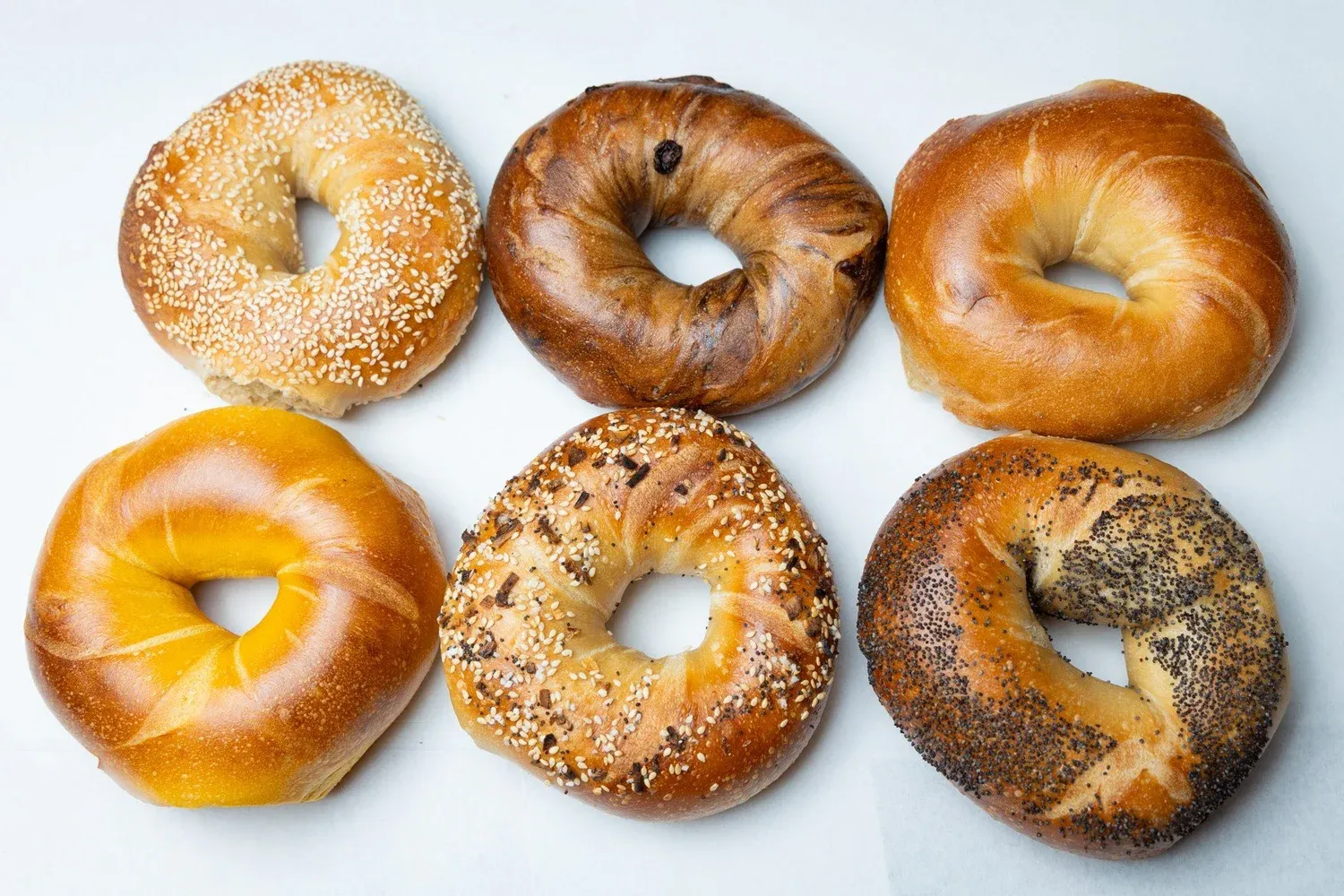 Six fresh bagels on a surface