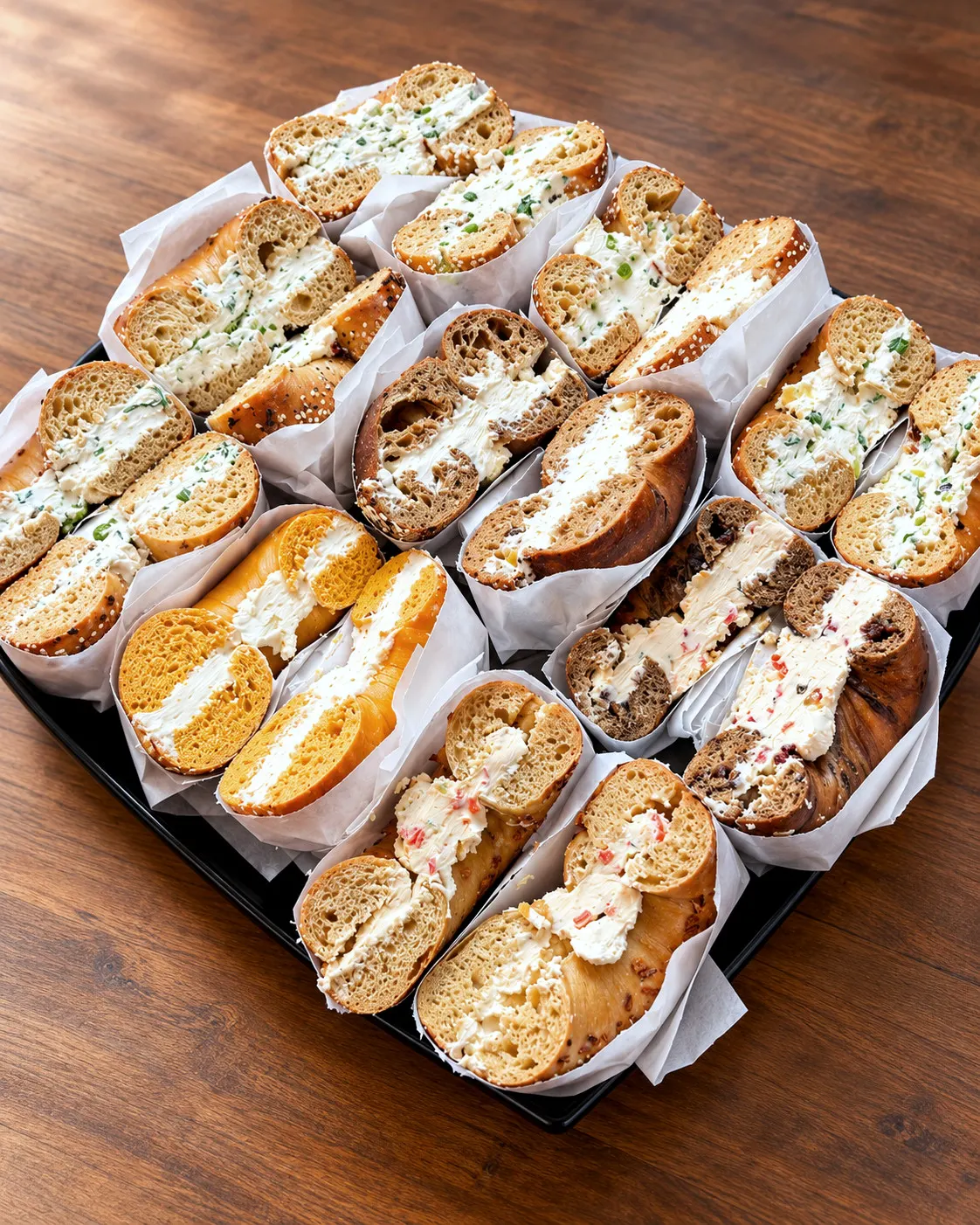 Gotham Bagel and Cream Cheese Platter: assorted bagels with house cream cheeses, wrapped and sliced in half on a black tray