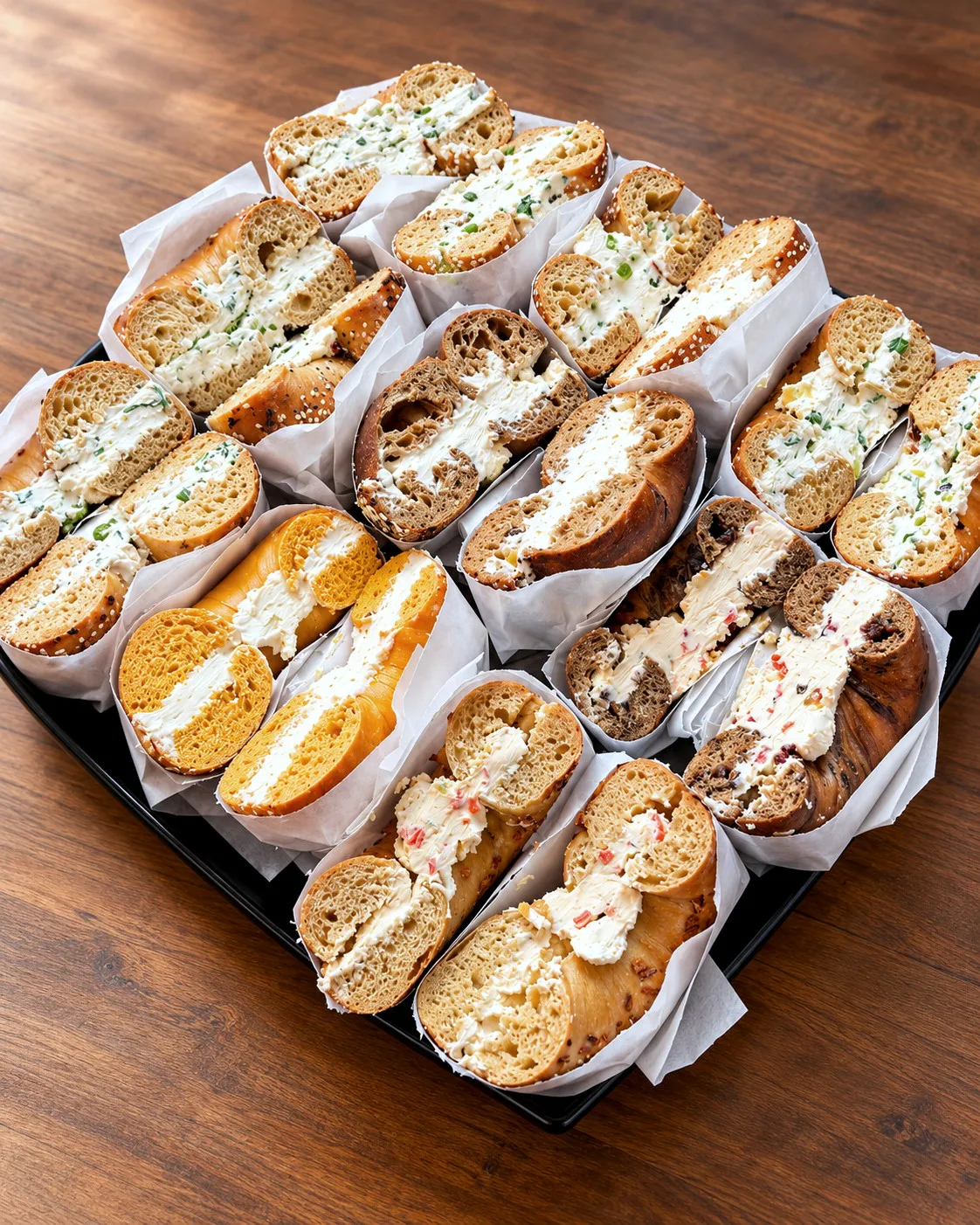 Gotham Bagel and Cream Cheese Platter: assorted bagels with house cream cheeses, wrapped and sliced in half on a black tray