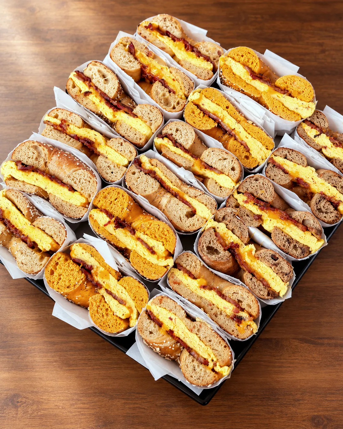 A Gotham Sandwich Platter of bacon, egg and cheddar bagel sandwiches, wrapped and sliced in half