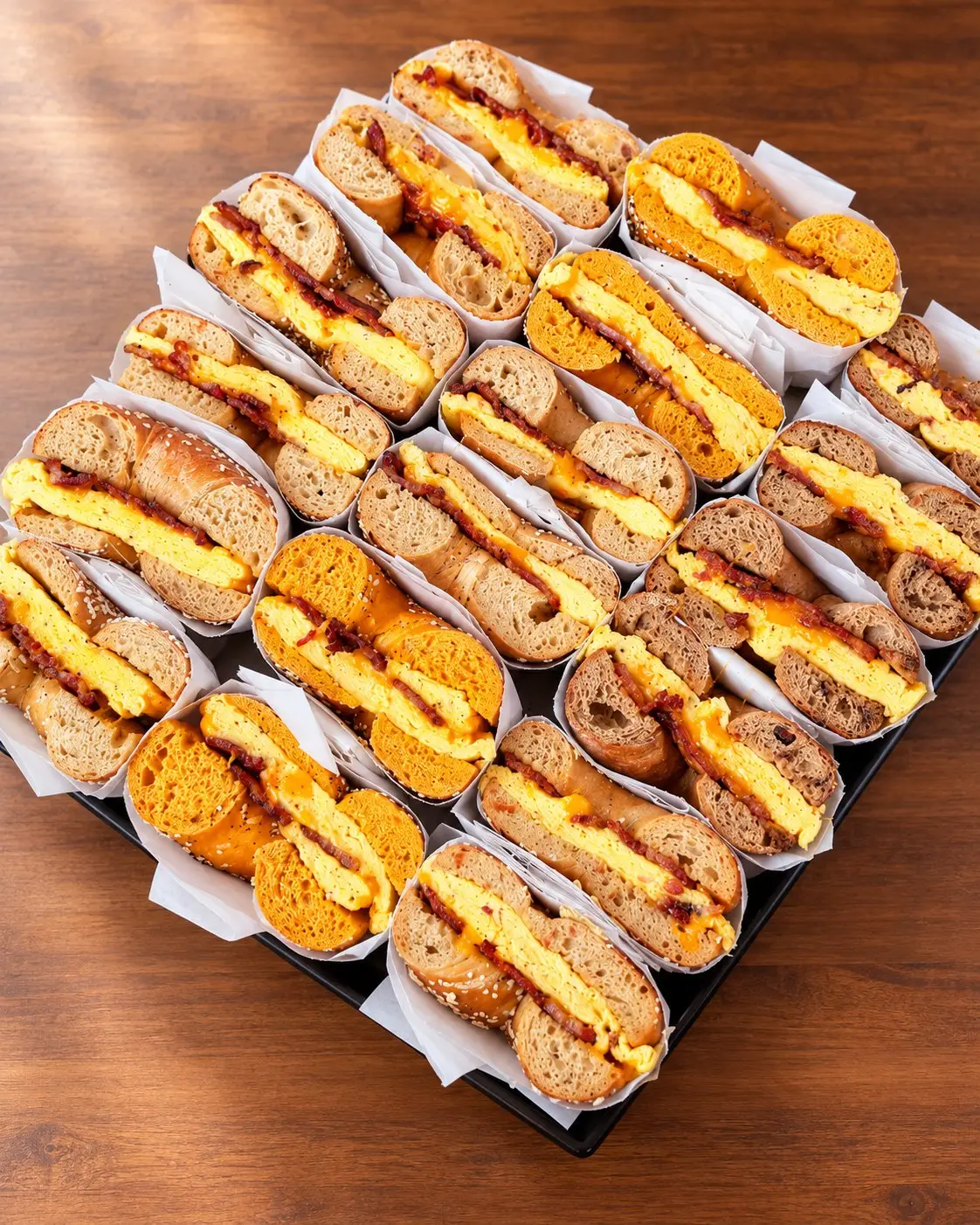 A Gotham Sandwich Platter of bacon, egg and cheddar bagel sandwiches, wrapped and sliced in half