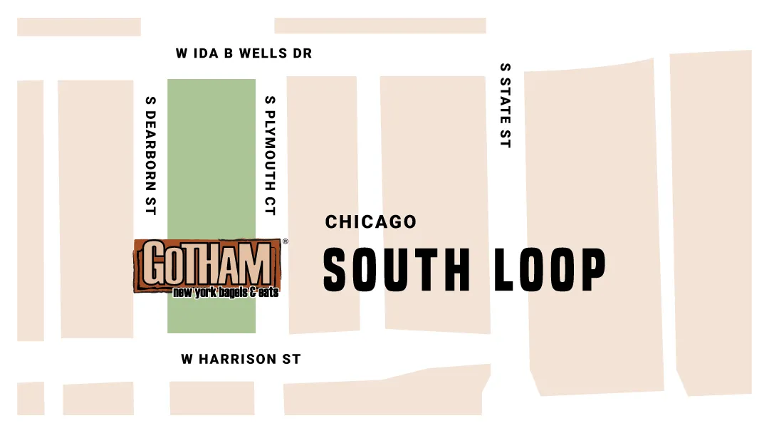 Map showing Gotham Bagels South Loop at 521 S Dearborn St., Chicago. Opens Google Maps.